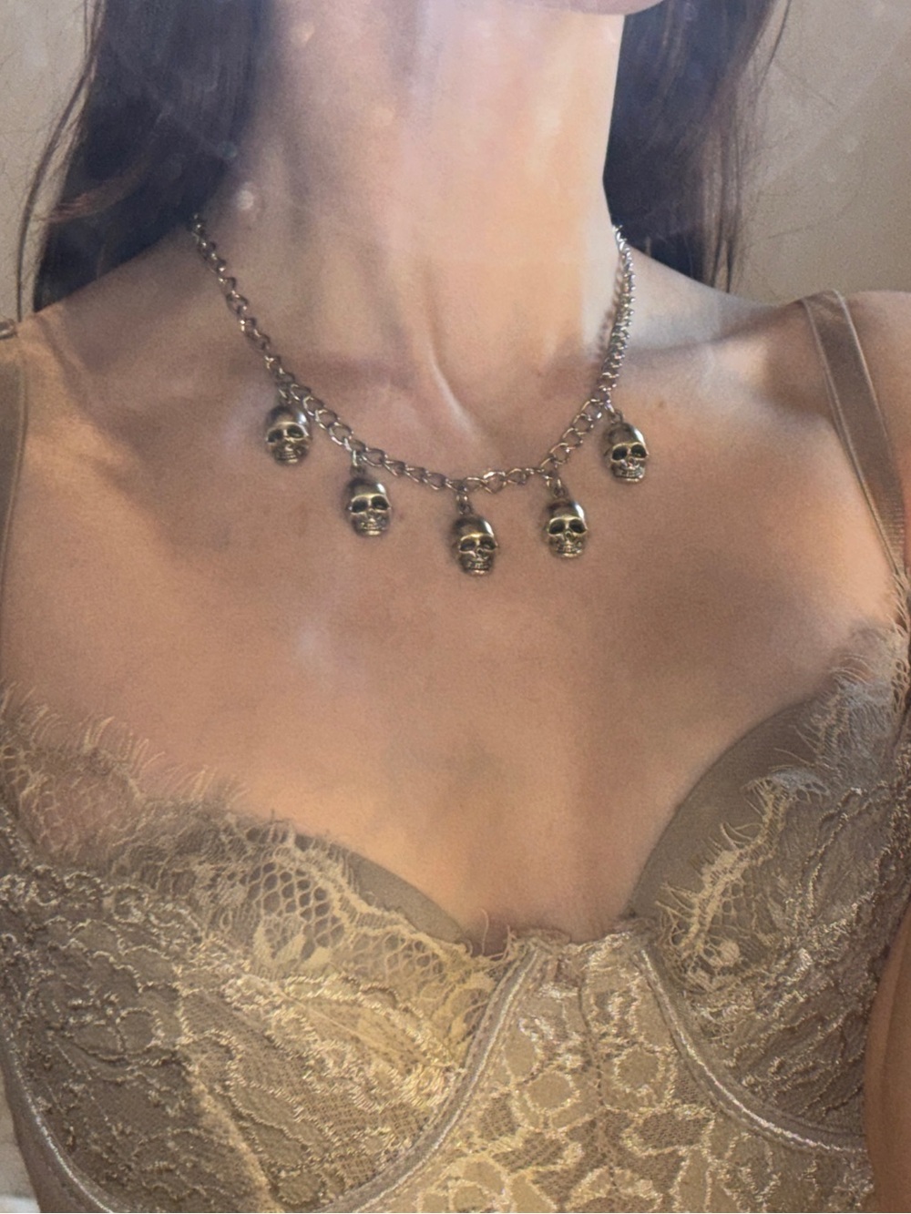 Silver Tone Skull Charm Necklace | Y2K Gothic Punk Grunge